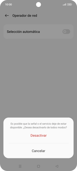 Pulsa Desactivar para desactivar la función y espera mientras el teléfono está buscando redes. Pulsa Desactivar para desactivar la función y espera mientras el teléfono está buscando redes.