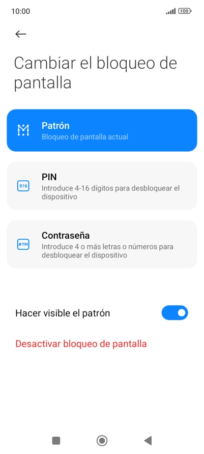 Pulsa Desactivar bloqueo de pantalla e introduce el código de seguridad extra que has creado anteriormente. Pulsa Desactivar bloqueo de pantalla e introduce el código de seguridad extra que has creado anteriormente.
