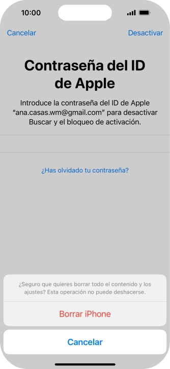 Introduce la contraseña de tu ID de Apple y pulsa Borrar iPhone. Espera unos instantes mientras el teléfono restablece la configuración predeterminada. Sigue las indicaciones de la pantalla para configurar el teléfono y dejarlo listo para su uso. Introduce la contraseña de tu ID de Apple y pulsa Borrar iPhone. Espera unos instantes mientras el teléfono restablece la configuración predeterminada. Sigue las indicaciones de la pantalla para configurar el teléfono y dejarlo listo para su uso.
