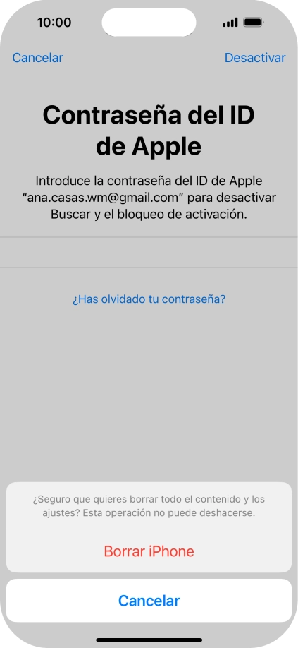 Introduce la contraseña de tu ID de Apple y pulsa Borrar iPhone. Espera unos instantes mientras el teléfono restablece la configuración predeterminada. Sigue las indicaciones de la pantalla para configurar el teléfono y dejarlo listo para su uso. Introduce la contraseña de tu ID de Apple y pulsa Borrar iPhone. Espera unos instantes mientras el teléfono restablece la configuración predeterminada. Sigue las indicaciones de la pantalla para configurar el teléfono y dejarlo listo para su uso.