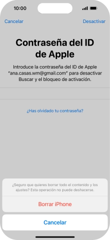 Introduce la contraseña de tu ID de Apple y pulsa Borrar iPhone. Espera unos instantes mientras el teléfono restablece la configuración predeterminada. Sigue las indicaciones de la pantalla para configurar el teléfono y dejarlo listo para su uso. Introduce la contraseña de tu ID de Apple y pulsa Borrar iPhone. Espera unos instantes mientras el teléfono restablece la configuración predeterminada. Sigue las indicaciones de la pantalla para configurar el teléfono y dejarlo listo para su uso.