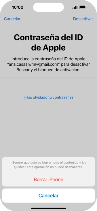 Introduce la contraseña de tu ID de Apple y pulsa Borrar iPhone. Espera unos instantes mientras el teléfono restablece la configuración predeterminada. Sigue las indicaciones de la pantalla para configurar el teléfono y dejarlo listo para su uso. Introduce la contraseña de tu ID de Apple y pulsa Borrar iPhone. Espera unos instantes mientras el teléfono restablece la configuración predeterminada. Sigue las indicaciones de la pantalla para configurar el teléfono y dejarlo listo para su uso.