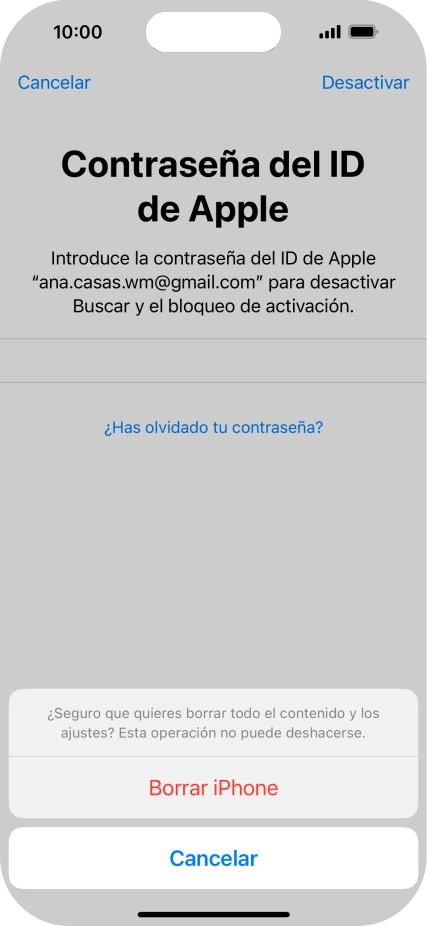 Introduce la contraseña de tu ID de Apple y pulsa Borrar iPhone. Espera unos instantes mientras el teléfono restablece la configuración predeterminada. Sigue las indicaciones de la pantalla para configurar el teléfono y dejarlo listo para su uso. Introduce la contraseña de tu ID de Apple y pulsa Borrar iPhone. Espera unos instantes mientras el teléfono restablece la configuración predeterminada. Sigue las indicaciones de la pantalla para configurar el teléfono y dejarlo listo para su uso.