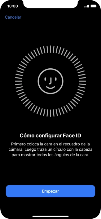 Pulsa Empezar y sigue las indicaciones de la pantalla para crear un código de seguridad con la función de reconocimiento facial (Face ID). Pulsa Empezar y sigue las indicaciones de la pantalla para crear un código de seguridad con la función de reconocimiento facial (Face ID).
