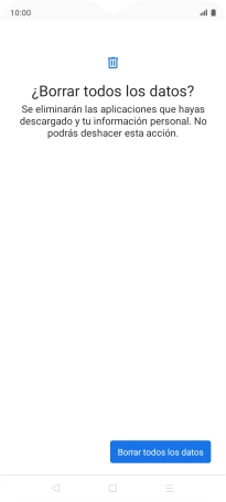 Pulsa Borrar todos los datos. Espera unos instantes mientras el teléfono restablece la configuración predeterminada. Sigue las indicaciones de la pantalla para configurar el teléfono y dejarlo listo para su uso. Pulsa Borrar todos los datos. Espera unos instantes mientras el teléfono restablece la configuración predeterminada. Sigue las indicaciones de la pantalla para configurar el teléfono y dejarlo listo para su uso.