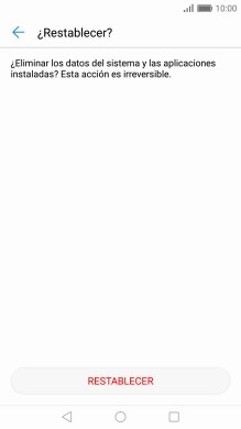 Pulsa RESTABLECER. Espera unos instantes mientras el teléfono restablece la configuración predeterminada. Sigue las indicaciones de la pantalla para configurar el teléfono y dejarlo listo para su uso. Pulsa RESTABLECER. Espera unos instantes mientras el teléfono restablece la configuración predeterminada. Sigue las indicaciones de la pantalla para configurar el teléfono y dejarlo listo para su uso.