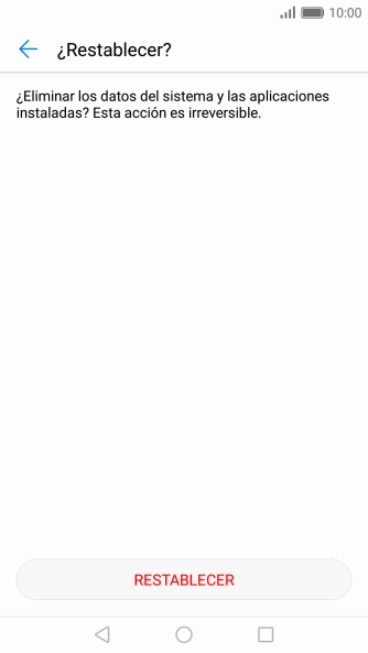 Pulsa RESTABLECER. Espera unos instantes mientras el teléfono restablece la configuración predeterminada. Sigue las indicaciones de la pantalla para configurar el teléfono y dejarlo listo para su uso. Pulsa RESTABLECER. Espera unos instantes mientras el teléfono restablece la configuración predeterminada. Sigue las indicaciones de la pantalla para configurar el teléfono y dejarlo listo para su uso.