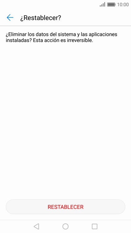 Pulsa RESTABLECER. Espera unos instantes mientras el teléfono restablece la configuración predeterminada. Sigue las indicaciones de la pantalla para configurar el teléfono y dejarlo listo para su uso. Pulsa RESTABLECER. Espera unos instantes mientras el teléfono restablece la configuración predeterminada. Sigue las indicaciones de la pantalla para configurar el teléfono y dejarlo listo para su uso.