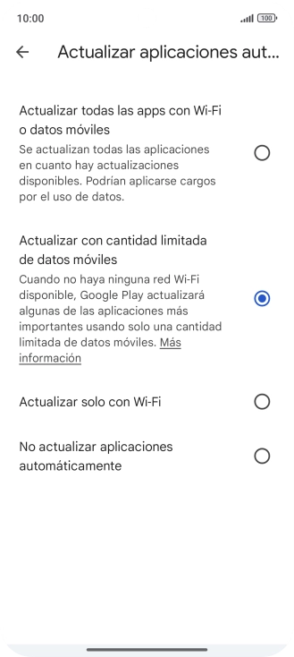 Para activar la actualización automática de apps a través de la red móvil, pulsa el campo junto a Para activar la actualización automática de apps a través de la red móvil, pulsa el campo junto a