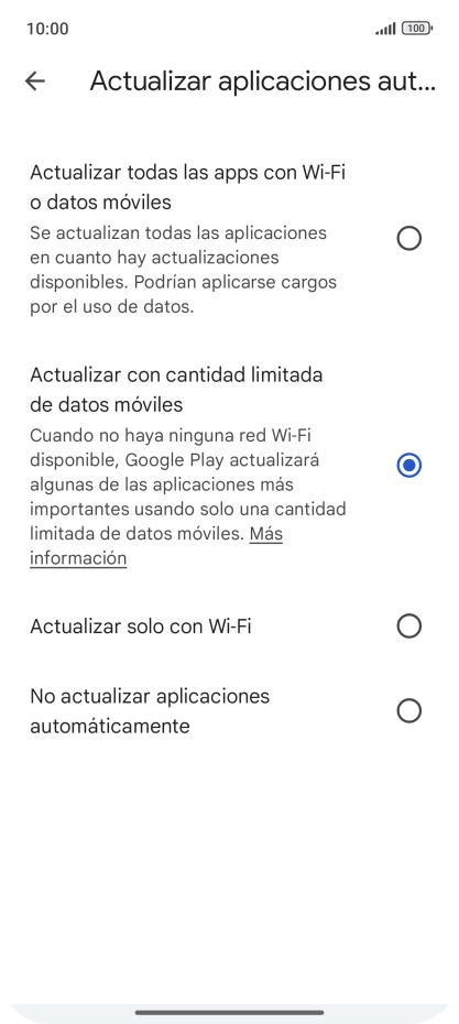 Para activar la actualización automática de apps a través de la red móvil, pulsa el campo junto a Para activar la actualización automática de apps a través de la red móvil, pulsa el campo junto a