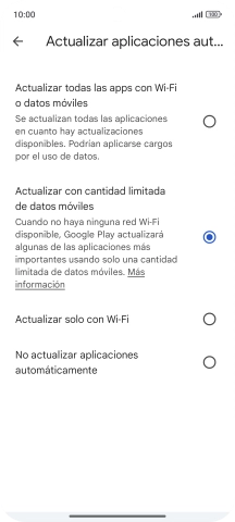 Para activar la actualización automática de apps a través de la red móvil, pulsa el campo junto a Para activar la actualización automática de apps a través de la red móvil, pulsa el campo junto a