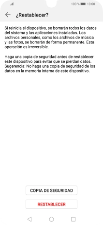 Pulsa RESTABLECER. Espera unos instantes mientras el teléfono restablece la configuración predeterminada. Sigue las indicaciones de la pantalla para configurar el teléfono y dejarlo listo para su uso. Pulsa RESTABLECER. Espera unos instantes mientras el teléfono restablece la configuración predeterminada. Sigue las indicaciones de la pantalla para configurar el teléfono y dejarlo listo para su uso.
