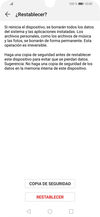 Pulsa RESTABLECER. Espera unos instantes mientras el teléfono restablece la configuración predeterminada. Sigue las indicaciones de la pantalla para configurar el teléfono y dejarlo listo para su uso. Pulsa RESTABLECER. Espera unos instantes mientras el teléfono restablece la configuración predeterminada. Sigue las indicaciones de la pantalla para configurar el teléfono y dejarlo listo para su uso.