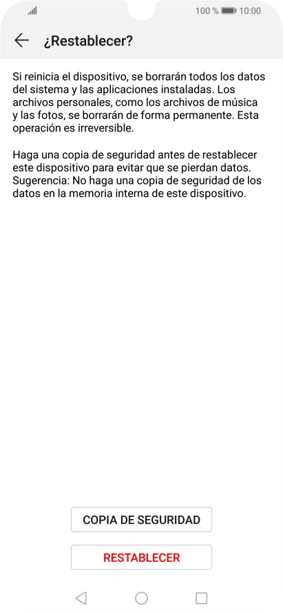 Pulsa RESTABLECER. Espera unos instantes mientras el teléfono restablece la configuración predeterminada. Sigue las indicaciones de la pantalla para configurar el teléfono y dejarlo listo para su uso. Pulsa RESTABLECER. Espera unos instantes mientras el teléfono restablece la configuración predeterminada. Sigue las indicaciones de la pantalla para configurar el teléfono y dejarlo listo para su uso.
