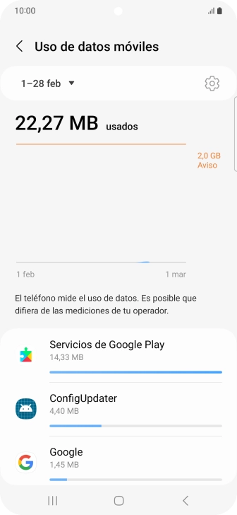 El consumo de datos por cada aplicación aparece bajo el nombre de la aplicación. El consumo de datos por cada aplicación aparece bajo el nombre de la aplicación.