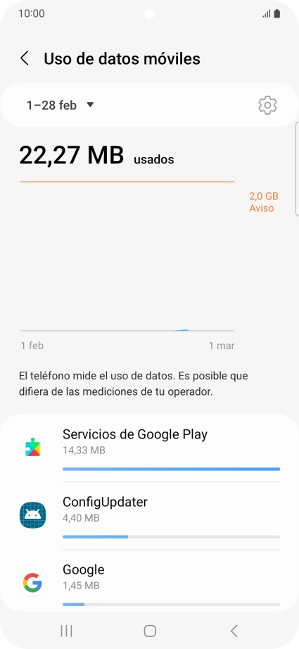 El consumo de datos por cada aplicación aparece bajo el nombre de la aplicación. El consumo de datos por cada aplicación aparece bajo el nombre de la aplicación.