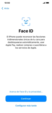 Sigue las indicaciones de la pantalla para activar el uso del reconocimiento facial (Face ID) o pulsa Configurar más tarde. Sigue las indicaciones de la pantalla para activar el uso del reconocimiento facial (Face ID) o pulsa Configurar más tarde.