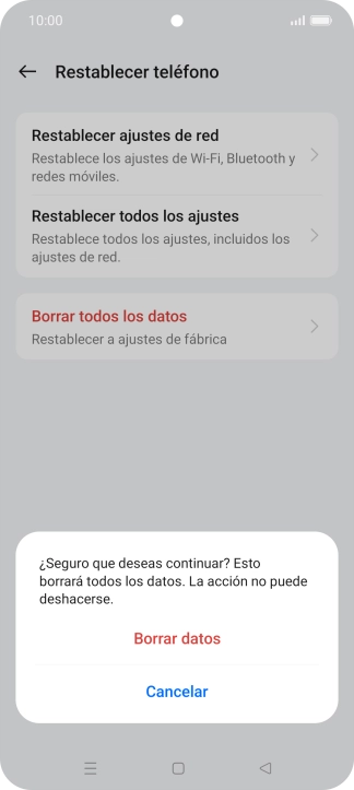 Pulsa Borrar datos. Espera unos instantes mientras el teléfono restablece la configuración predeterminada. Sigue las indicaciones de la pantalla para configurar el teléfono y dejarlo listo para su uso. Pulsa Borrar datos. Espera unos instantes mientras el teléfono restablece la configuración predeterminada. Sigue las indicaciones de la pantalla para configurar el teléfono y dejarlo listo para su uso.
