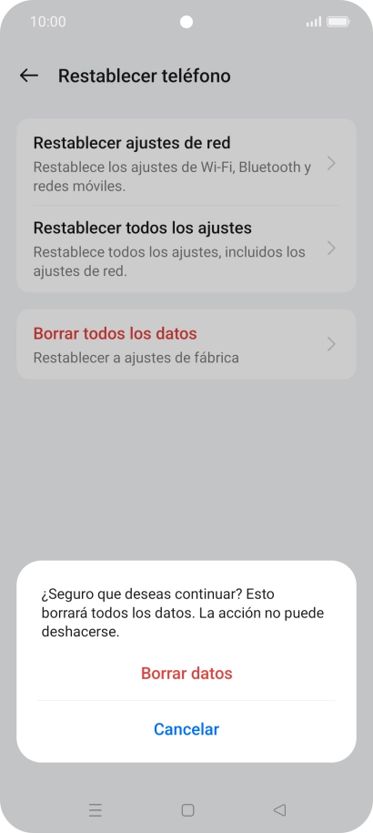 Pulsa Borrar datos. Espera unos instantes mientras el teléfono restablece la configuración predeterminada. Sigue las indicaciones de la pantalla para configurar el teléfono y dejarlo listo para su uso. Pulsa Borrar datos. Espera unos instantes mientras el teléfono restablece la configuración predeterminada. Sigue las indicaciones de la pantalla para configurar el teléfono y dejarlo listo para su uso.