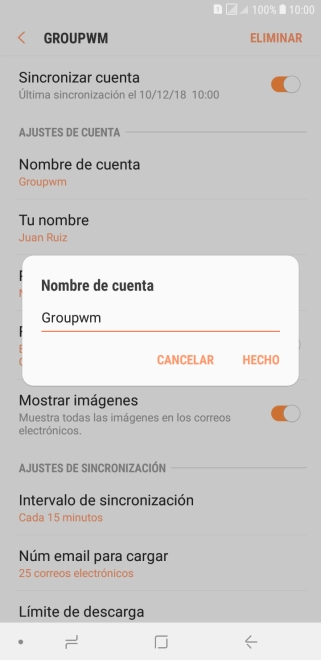 Introduce el nombre deseado de la cuenta de correo electrónico y pulsa HECHO. Introduce el nombre deseado de la cuenta de correo electrónico y pulsa HECHO.