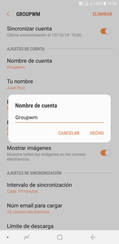 Introduce el nombre deseado de la cuenta de correo electrónico y pulsa HECHO. Introduce el nombre deseado de la cuenta de correo electrónico y pulsa HECHO.