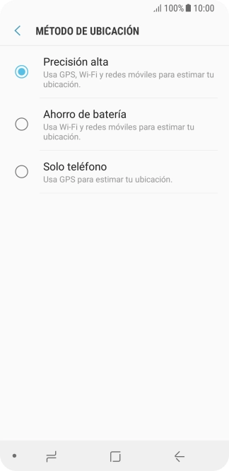 Si seleccionas Precisión alta, el teléfono podrá encontrar tu posición exacta con ayuda de los satélites GPS, la red móvil y una red wifi cercana. El GPS por satélite requiere vista libre al cielo. Si seleccionas Precisión alta, el teléfono podrá encontrar tu posición exacta con ayuda de los satélites GPS, la red móvil y una red wifi cercana. El GPS por satélite requiere vista libre al cielo.