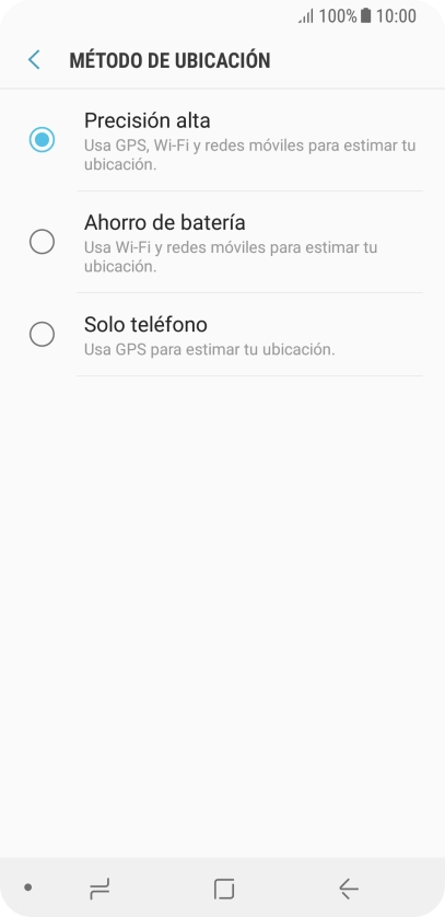 Si seleccionas Precisión alta, el teléfono podrá encontrar tu posición exacta con ayuda de los satélites GPS, la red móvil y una red wifi cercana. El GPS por satélite requiere vista libre al cielo. Si seleccionas Precisión alta, el teléfono podrá encontrar tu posición exacta con ayuda de los satélites GPS, la red móvil y una red wifi cercana. El GPS por satélite requiere vista libre al cielo.