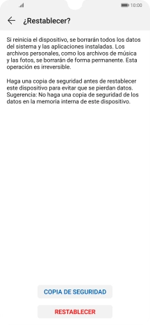 Pulsa RESTABLECER. Espera unos instantes mientras el teléfono restablece la configuración predeterminada. Sigue las indicaciones de la pantalla para configurar el teléfono y dejarlo listo para su uso. Pulsa RESTABLECER. Espera unos instantes mientras el teléfono restablece la configuración predeterminada. Sigue las indicaciones de la pantalla para configurar el teléfono y dejarlo listo para su uso.