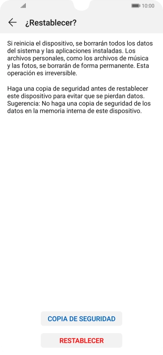 Pulsa RESTABLECER. Espera unos instantes mientras el teléfono restablece la configuración predeterminada. Sigue las indicaciones de la pantalla para configurar el teléfono y dejarlo listo para su uso. Pulsa RESTABLECER. Espera unos instantes mientras el teléfono restablece la configuración predeterminada. Sigue las indicaciones de la pantalla para configurar el teléfono y dejarlo listo para su uso.