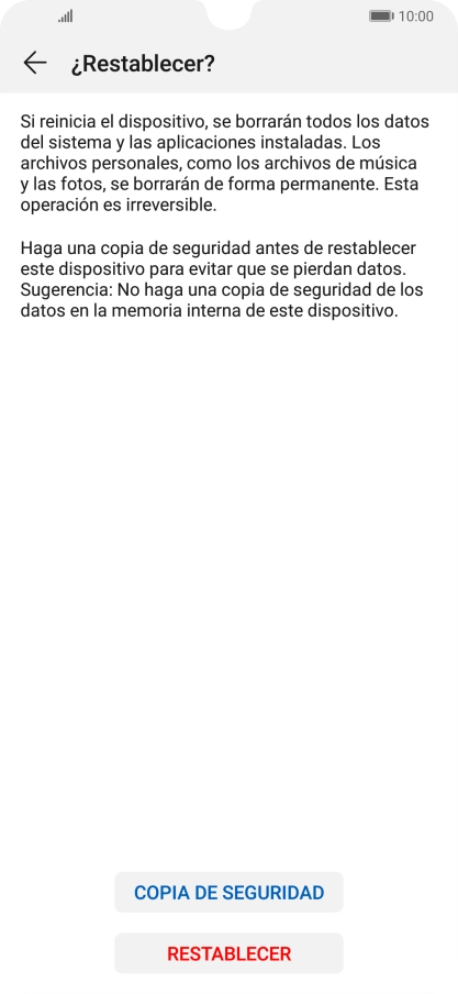Pulsa RESTABLECER. Espera unos instantes mientras el teléfono restablece la configuración predeterminada. Sigue las indicaciones de la pantalla para configurar el teléfono y dejarlo listo para su uso. Pulsa RESTABLECER. Espera unos instantes mientras el teléfono restablece la configuración predeterminada. Sigue las indicaciones de la pantalla para configurar el teléfono y dejarlo listo para su uso.