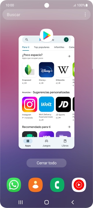 Para cerrar una sola aplicación en ejecución, desliza el dedo hacia arriba sobre la aplicación deseada. Para cerrar una sola aplicación en ejecución, desliza el dedo hacia arriba sobre la aplicación deseada.