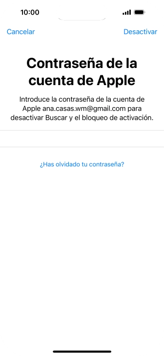 Introduce la contraseña de tu ID de Apple y pulsa Desactivar. Espera unos instantes mientras el teléfono restablece la configuración predeterminada. Sigue las indicaciones de la pantalla para configurar el teléfono y dejarlo listo para su uso. Introduce la contraseña de tu ID de Apple y pulsa Desactivar. Espera unos instantes mientras el teléfono restablece la configuración predeterminada. Sigue las indicaciones de la pantalla para configurar el teléfono y dejarlo listo para su uso.