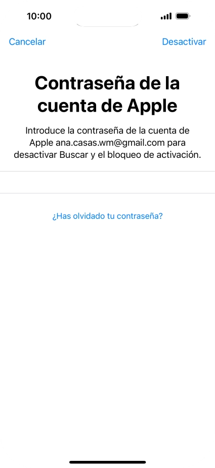 Introduce la contraseña de tu ID de Apple y pulsa Desactivar. Espera unos instantes mientras el teléfono restablece la configuración predeterminada. Sigue las indicaciones de la pantalla para configurar el teléfono y dejarlo listo para su uso. Introduce la contraseña de tu ID de Apple y pulsa Desactivar. Espera unos instantes mientras el teléfono restablece la configuración predeterminada. Sigue las indicaciones de la pantalla para configurar el teléfono y dejarlo listo para su uso.