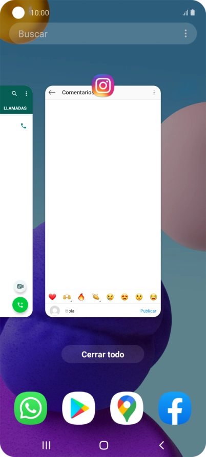 Para cerrar una sola aplicación en ejecución, desliza el dedo hacia arriba sobre la aplicación deseada. Para cerrar una sola aplicación en ejecución, desliza el dedo hacia arriba sobre la aplicación deseada.