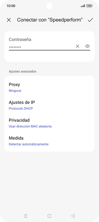 Introduce la contraseña de la red Wi-Fi y pulsa el icono de aceptar. Introduce la contraseña de la red Wi-Fi y pulsa el icono de aceptar.