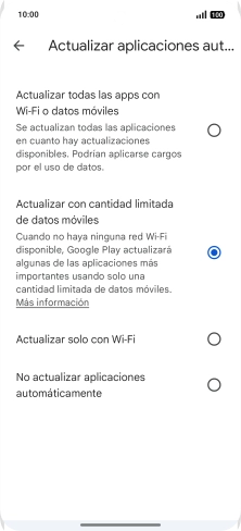 Para activar la actualización automática de apps utilizando la red móvil, pulsa Actualizar todas las apps con Wi-Fi o datos móviles. Para activar la actualización automática de apps utilizando la red móvil, pulsa Actualizar todas las apps con Wi-Fi o datos móviles.