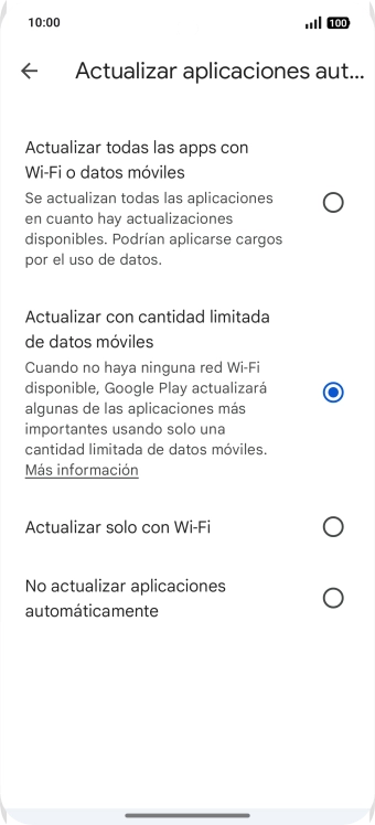 Para activar la actualización automática de apps utilizando la red móvil, pulsa Actualizar todas las apps con Wi-Fi o datos móviles. Para activar la actualización automática de apps utilizando la red móvil, pulsa Actualizar todas las apps con Wi-Fi o datos móviles.