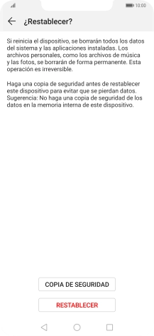 Pulsa RESTABLECER. Espera unos instantes mientras el teléfono restablece la configuración predeterminada. Sigue las indicaciones de la pantalla para configurar el teléfono y dejarlo listo para su uso. Pulsa RESTABLECER. Espera unos instantes mientras el teléfono restablece la configuración predeterminada. Sigue las indicaciones de la pantalla para configurar el teléfono y dejarlo listo para su uso.
