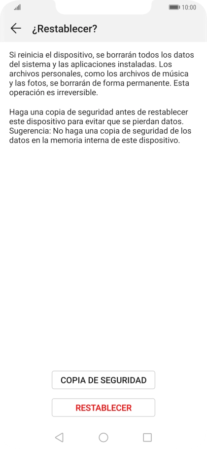 Pulsa RESTABLECER. Espera unos instantes mientras el teléfono restablece la configuración predeterminada. Sigue las indicaciones de la pantalla para configurar el teléfono y dejarlo listo para su uso. Pulsa RESTABLECER. Espera unos instantes mientras el teléfono restablece la configuración predeterminada. Sigue las indicaciones de la pantalla para configurar el teléfono y dejarlo listo para su uso.