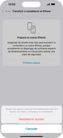 Pulsa Restablecer ajustes. Espera unos instantes mientras el teléfono restablece la configuración predeterminada. Sigue las indicaciones de la pantalla para configurar el teléfono y dejarlo listo para su uso. Pulsa Restablecer ajustes. Espera unos instantes mientras el teléfono restablece la configuración predeterminada. Sigue las indicaciones de la pantalla para configurar el teléfono y dejarlo listo para su uso.