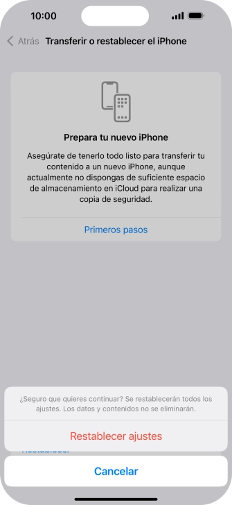 Pulsa Restablecer ajustes. Espera unos instantes mientras el teléfono restablece la configuración predeterminada. Sigue las indicaciones de la pantalla para configurar el teléfono y dejarlo listo para su uso. Pulsa Restablecer ajustes. Espera unos instantes mientras el teléfono restablece la configuración predeterminada. Sigue las indicaciones de la pantalla para configurar el teléfono y dejarlo listo para su uso.