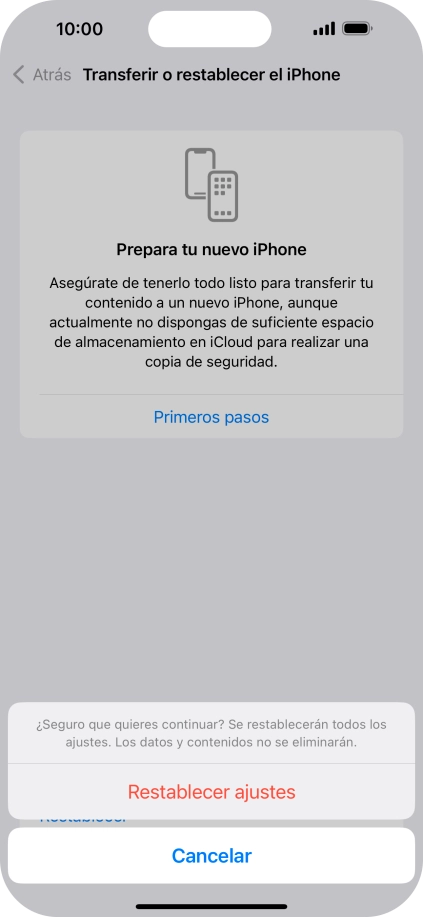 Pulsa Restablecer ajustes. Espera unos instantes mientras el teléfono restablece la configuración predeterminada. Sigue las indicaciones de la pantalla para configurar el teléfono y dejarlo listo para su uso. Pulsa Restablecer ajustes. Espera unos instantes mientras el teléfono restablece la configuración predeterminada. Sigue las indicaciones de la pantalla para configurar el teléfono y dejarlo listo para su uso.