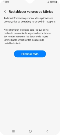 Pulsa Eliminar todo. Espera unos instantes mientras el teléfono restablece la configuración predeterminada. Sigue las indicaciones de la pantalla para configurar el teléfono y dejarlo listo para su uso. Pulsa Eliminar todo. Espera unos instantes mientras el teléfono restablece la configuración predeterminada. Sigue las indicaciones de la pantalla para configurar el teléfono y dejarlo listo para su uso.