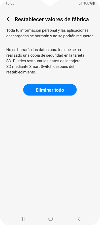 Pulsa Eliminar todo. Espera unos instantes mientras el teléfono restablece la configuración predeterminada. Sigue las indicaciones de la pantalla para configurar el teléfono y dejarlo listo para su uso. Pulsa Eliminar todo. Espera unos instantes mientras el teléfono restablece la configuración predeterminada. Sigue las indicaciones de la pantalla para configurar el teléfono y dejarlo listo para su uso.