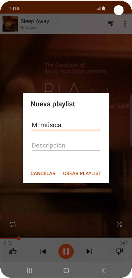 Introduce el nombre deseado de la lista de reproducción y pulsa CREAR PLAYLIST. Introduce el nombre deseado de la lista de reproducción y pulsa CREAR PLAYLIST.