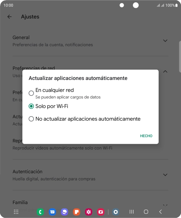 Para activar la actualización automática de apps utilizando la red móvil, pulsa En cualquier red. Para activar la actualización automática de apps utilizando la red móvil, pulsa En cualquier red.