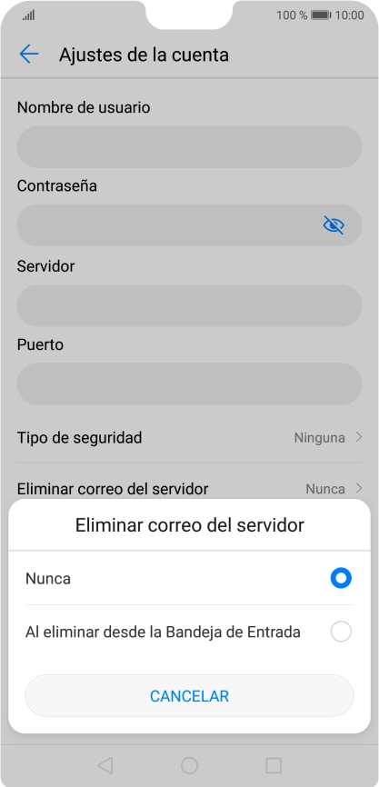 Pulsa Nunca para conservar los correos electrónicos en el servidor cuando los borras del teléfono. Pulsa Nunca para conservar los correos electrónicos en el servidor cuando los borras del teléfono.