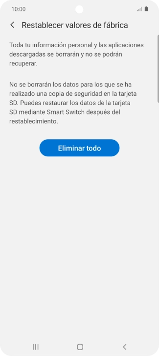 Pulsa Eliminar todo. Espera unos instantes mientras el teléfono restablece la configuración predeterminada. Sigue las indicaciones de la pantalla para configurar el teléfono y dejarlo listo para su uso. Pulsa Eliminar todo. Espera unos instantes mientras el teléfono restablece la configuración predeterminada. Sigue las indicaciones de la pantalla para configurar el teléfono y dejarlo listo para su uso.