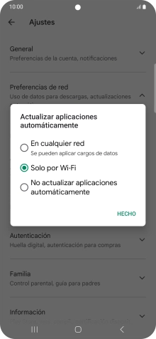 Para activar la actualización automática de apps utilizando la red móvil, pulsa En cualquier red. Para activar la actualización automática de apps utilizando la red móvil, pulsa En cualquier red.