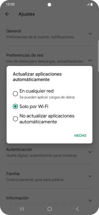 Para activar la actualización automática de apps utilizando la red móvil, pulsa En cualquier red. Para activar la actualización automática de apps utilizando la red móvil, pulsa En cualquier red.